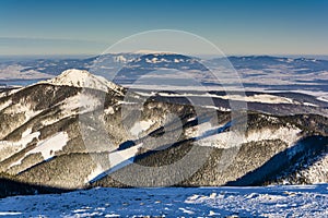 View of the winter landscape with the peak of Osobita in the Slovak Western Tatras. In the background Babia Gora Babia hora the
