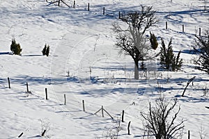 View of the winter mountain center with a ski slope