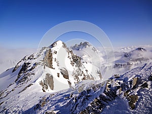 View of winter mountain landscape in the Swiss Alps near Scuol