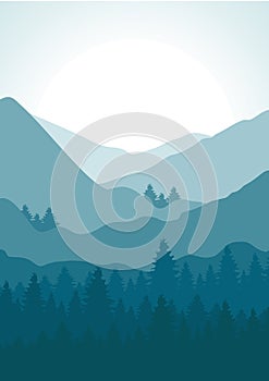 View on winter mountains with cold sunrise poster print. Aesthetic minimalist fog forest.
