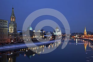 View of winter night Moscow and the Moscow river from the Bolshoy Moskvoretsky bridge. Moscow