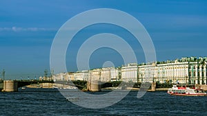 View Winter Palace in Saint Petersburg from Neva river.