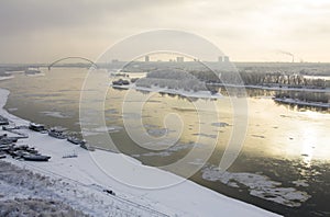 View of the winter river Ob in Novosibirsk on a gloomy day bird`