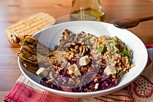 View of winter vegetarian bowl with red cabbage, mushrooms, tofu, spelt cereal, endive and radicchio on wooden table. Example of