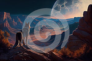 view of wolf looking down on a mountain valley, with the moon rising above the horizon