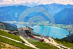 View of Wolfgangsee lake from Schafberg mountain, Austria. Wolfgangsee Lake from alp mountain Schafberg. Sankt St. Wolfgang im in