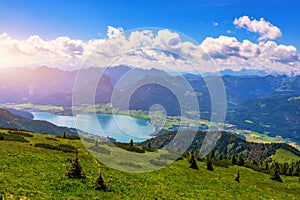 View of Wolfgangsee lake from Schafberg mountain, Austria. Wolfgangsee Lake from alp mountain Schafberg. Sankt St. Wolfgang im in