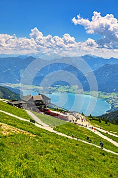 View of Wolfgangsee lake from Schafberg mountain, Austria. Wolfgangsee Lake from alp mountain Schafberg. Sankt St. Wolfgang im in