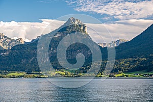 View of wolfgangsee and mountains in background at St. Wolfgang Salzkammergut, Austria