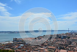 View of wonderful Tagus River and 25 april Bridge from Castle of St. George Lisabon - Portugal