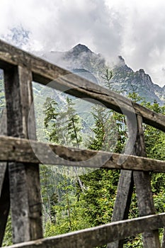 View from Wooden bridge from Giant waterfall Obrovsky vodpad High Tatras mountains, Slovakia