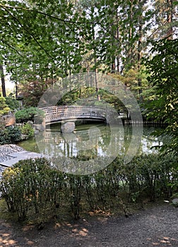 A view of a wooden bridge over a pond at a Japanese Garden