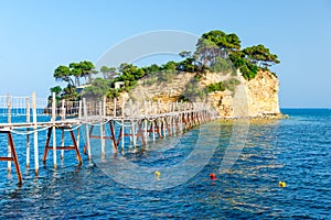 View of the wooden bridge to Agios Sostis island