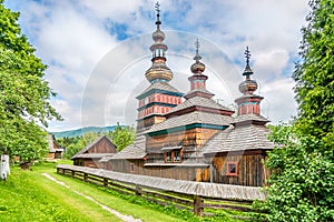 View at the Wooden church Church of Protection of the Blessed Virgin from Zboj in Bardejovske kupele town, Slovakia