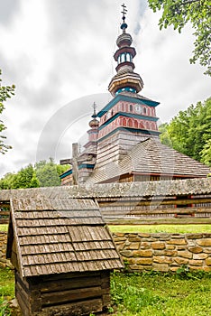 View at the Wooden church Church of Protection of the Blessed Virgin from Zboj in Bardejovske kupele town, Slovakia