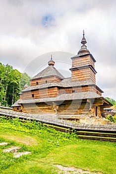 View at the Wooden church Church of St.Nicholas from Mikulasova in Bardejovske kupele town, Slovakia