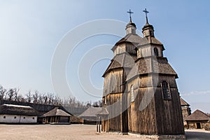 View of the wooden church in the National Reserve `Zaporizhzhia Sich` on the island of Khortytsia in Zaporizhzhia. Ukraine photo