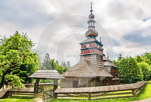 View at the Wooden church Church of Protection of the Blessed Virgin from Zboj in Bardejovske kupele town, Slovakia