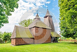 View at the Wooden Church of Saint Luke in Trocany, Slovakia