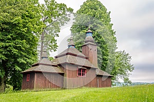 View at the Wooden Church of Saint Michael Archangel in village Semetkovce, Slovakia