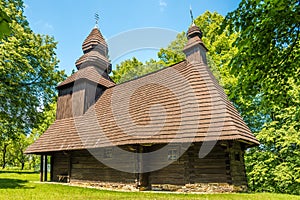 View at the Wooden church of Saint Nikola in Ruska Bystra village, Slovakia