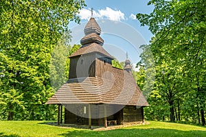 View at the Wooden church of Saint Nikola in Ruska Bystra village, Slovakia