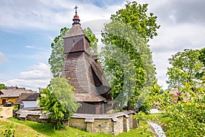 View at the Wooden Church of St. Francis of Assisi in Hervartov, Slovakia