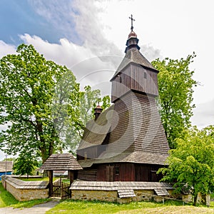 View at the Wooden Church of St. Francis of Assisi in Hervartov, Slovakia