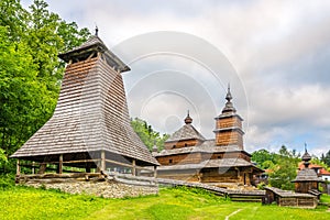 View at the Wooden church Church of St.Nicholas from Mikulasova in Bardejovske kupele town, Slovakia