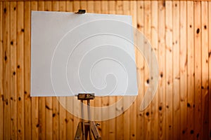 View on wooden easel with clean white canvas.