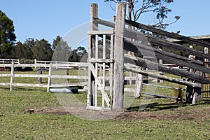 View of wooden fences and ramp of a rural stockyard