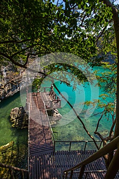 View wooden platform near the blue lagoon in
