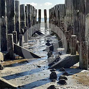 View through wooden pole of a wooden groyne