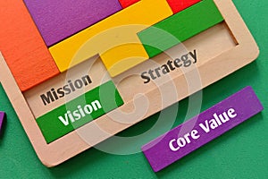 View of Wooden puzzle with text Core Value, Mission, Strategy and Vision on background.