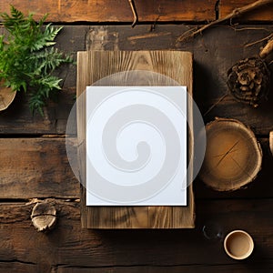 view Wooden table hosts a white empty paper blank mockup elegantly