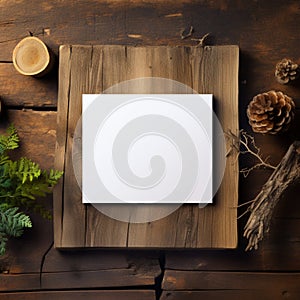 view Wooden table hosts a white empty paper blank mockup elegantly