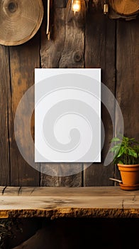 view Wooden table hosts a white empty paper blank mockup elegantly