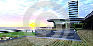 View from the wooden terrace of a private hotel in Britain to the stunning sunrise over the Atlantic in early autumn. 3D rendering