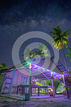 View of a wooden traditional Malay house at Besar Island or Pulau Besar in Mersing, Johor, Malaysia