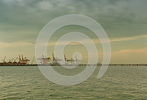 View of a working deep sea port in vintage colors