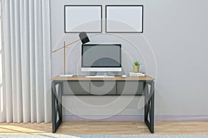 View of a working desk with a computer and different objects in a room - 3D rendering