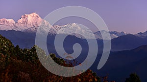 View of world`s tallest mountain peaks at dawn from summit of Poon Hill, Nepal