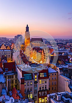 View of Wroclaw market square after sunset, Poland