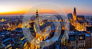 View of Wroclaw market square after sunset, Poland