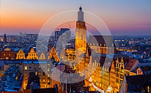 View of Wroclaw market square after sunset, Poland