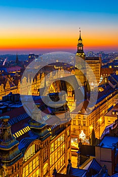 View of Wroclaw market square after sunset, Poland