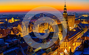 View of Wroclaw market square after sunset, Poland