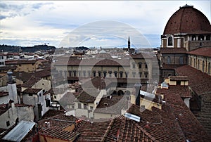 View from the Ximeniana tower of the roofs of buildings that are located around Palazzo Medici Riccardi in Florence.