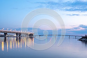 View of the Yacht Bridge and the Western High Speed Diameter overpass at sunset. Saint Petersburg