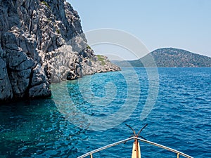 View from yacht deck. Landscape of blue sea and rocky island at Marmaris, Turkey. Sea vacation concept